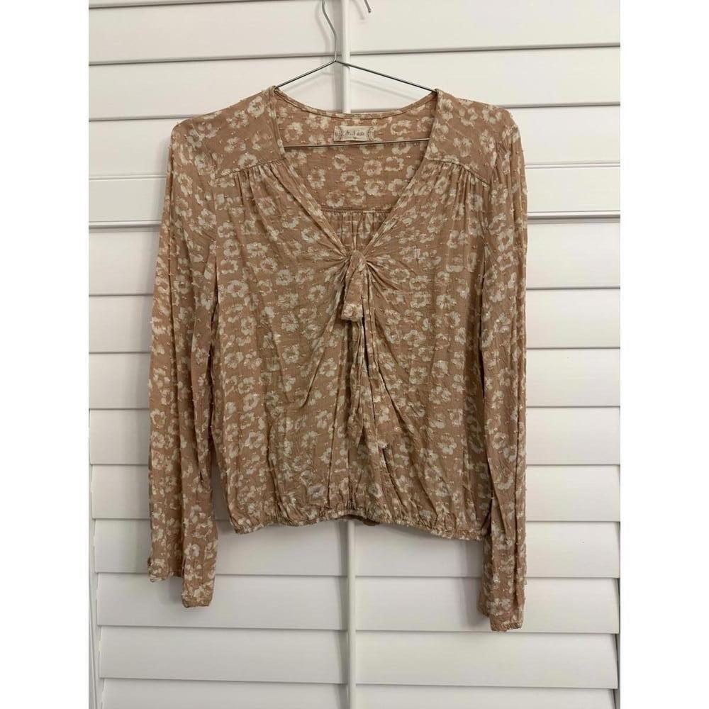 Altar'd State Soft Peach Open Tie Front Pink Flocked Wrap-Around Blouse - Picture 1 of 6